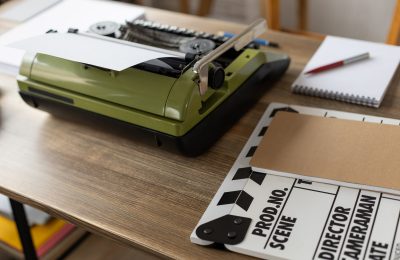 Clapper board and vintage typewriter at wooden desk table